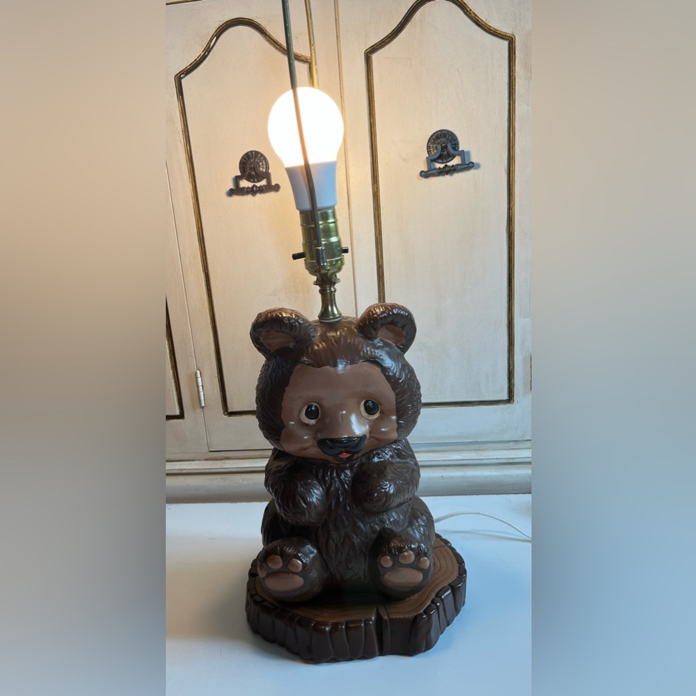 Vintage Bear on tree stump Lamp Teddy Bear Nursery Decor Cabin Rustic Whimsy